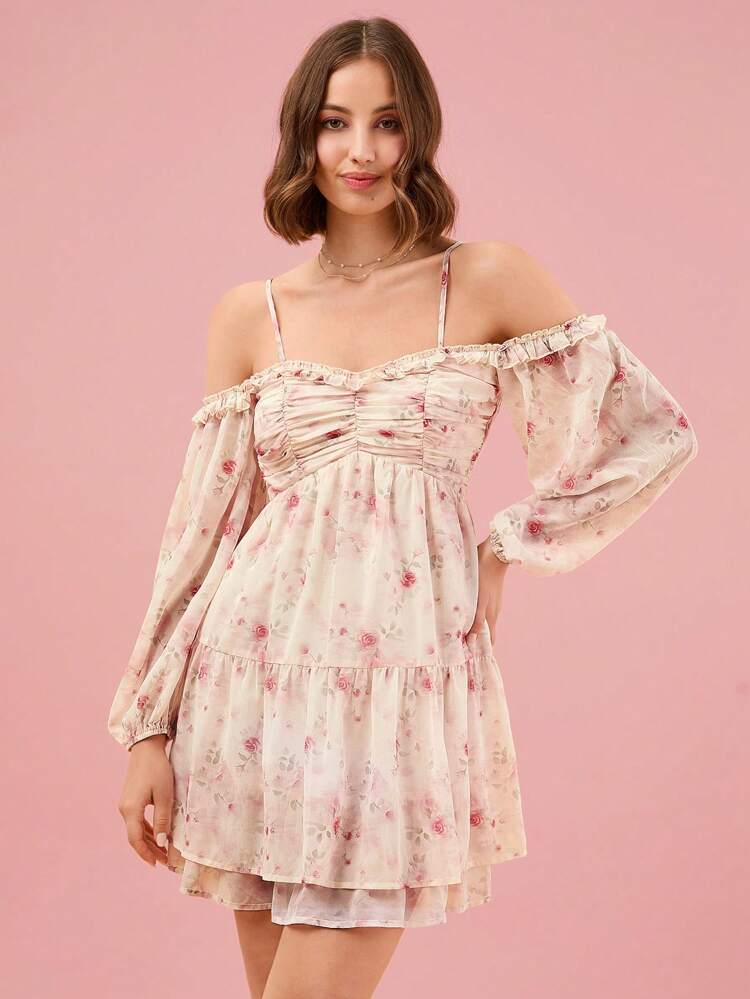 여성용 오픈 숄더 데일리 웨어 심플 프린트 드레스 (랜덤 패턴)