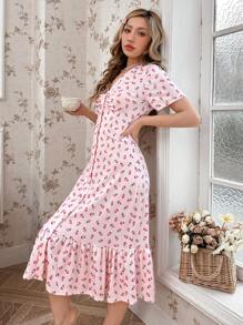 CottageSlumber Vestido de dormir de manga corta con volante en el bajo y estampado floral pequeño, vestido largo de solapa única perfecto para el verano y las vacaciones