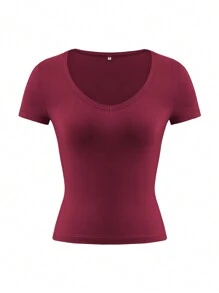 Women's Summer Solid Color V-Neck Short Sleeve Sexy Cinched Waist Y2K Fitted T-Shirt - 酒紅色 - 查看 3