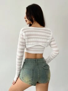Flirla Conjunto de dos piezas con top sin tirantes de manga larga y textura de tela con lazo para mujer