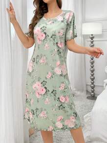 Floral Printed Round Neck Long Sleep Dress Perfect Summer, Moo Moo - Multicolor - View 3