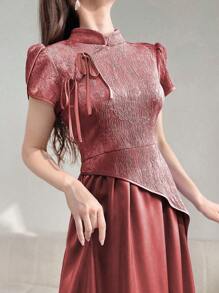 Modelyn 女士纯色立领短袖后拉链长裙前系带长晚礼服 - 中紫紅色 - 查看 3