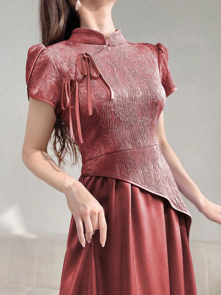 Modelyn 女士纯色立领短袖后拉链长裙前系带长晚礼服 - 中紫紅色 - 查看 3