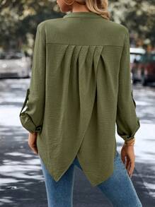SHEIN LUNE Women's Spring Autumn Casual Solid Color Notched Collar Roll-Up Sleeve Shirt - Dark Green - View 2