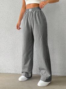 Flirla Casual Striped Patch Details Loose Fit Straight Leg Trousers Fall Cloth For Women - Black - View 5