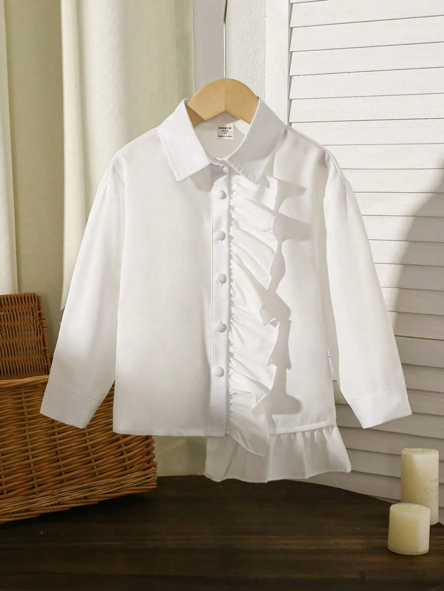 SHEIN Áo sơ mi dài tay đơn giản hàng ngày cho bé gái màu trơn - trắng - Xem 1