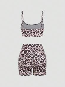 SHEIN Unity Bộ 2 chiếc áo spaghetti in họa tiết da báo, áo hở lưng và quần short ôm vừa vặn thời trang - Nhiều màu - Xem 2