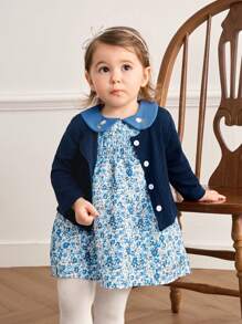 Souflis Souflis 2 件装女婴优雅百搭花卉连衣裙和针织开衫套装 - 藍色 - 查看 1