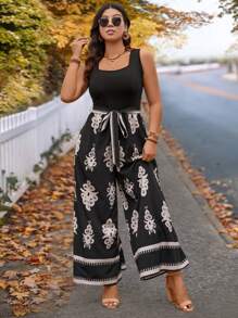 SHEIN VCAY Mono de parchwork tejido con estampado de reunión de hermanas de regreso a la escuela para otoño/invierno de talla grande - Multicolor - Ver 6