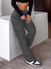 Casual Versatile Minimalist Solid Color Straight-Leg Cargo Pants Christmas Day - Xám - Xem 5