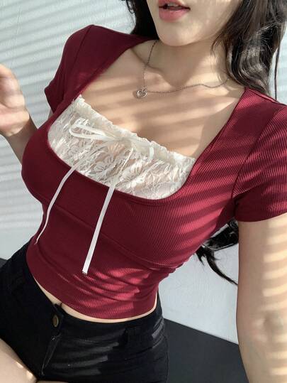 DAZY Valentine's Day Contrast Color Patchwork Short Sleeve T-Shirt For Women Summer