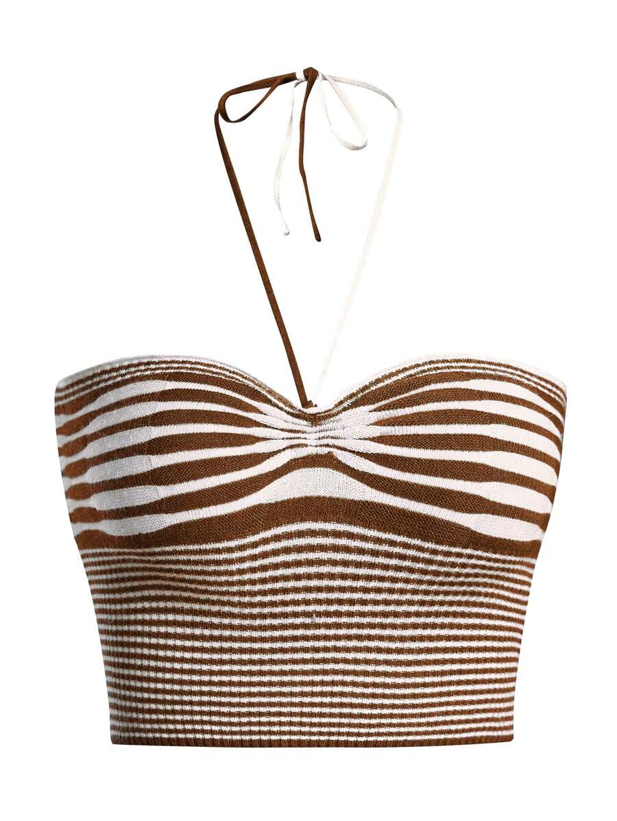 SHEIN Unity 条纹针织露脐上衣，后背系带，休闲装 - 棕色 - 查看 1