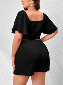 SHEIN Privé Summer Elegant And Simple Pink Ruffled Cap Sleeve Top With Cinched Waist + Textured Shorts Set For Shopping Or Travel - Black - View 2