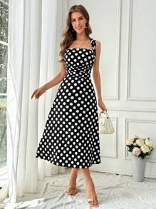 SHEIN Privé Elegante vestido de señora con lunares negros y blancos con cintura fruncida, perfecto para vacaciones, citas, trabajo y salir - Blanco y Negro - Ver 4