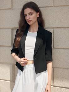 BizChic 女士商务办公短袖纯色翻领简约西装外套 - 黑色 - 查看 8