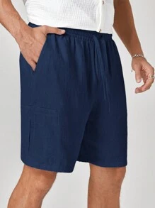 Manfinity Homme Nuevo pantalón corto deportivo recto de cintura media con cintura elástica tejido para hombre, adecuado para uso diario en primavera y verano - Azul Marino - Ver 1