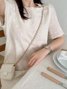 DAZY 女式夏季优雅拼色纹理短袖连衣裙，荷叶边 - 杏色 - 查看 3