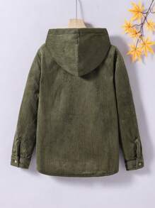 SHEIN Solid Color Corduroy Hooded Long Sleeve Coat With Front Button And Pockets For Tween Boys, Suitable For Autumn And Winter - Army Green - View 2