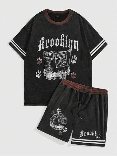 Street Life تي شيرت تيشيرت عارضة للرجال، مطبوع عليها حروف صيفية برقبة دائرية وأكمام قصيرة. طقم شورت بخصر مرن للرجال