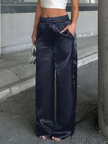 EURMUSE Satin High Waist Wide Leg Pant - Aquarius Blue - View 6