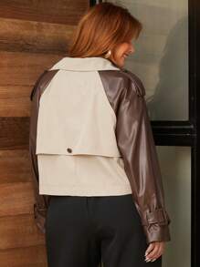 SHEIN Privé Plus Size Elegant Commuting Intelligent Workplace Preppy Style Fashionista High Street Afternoon Tea Outside Wear Color-Block Long Sleeve Trench Coat With Waist Cuff Ties, Adjustable Waist To Show A Slim Figure. Short-Length PU Material. - Multicolor - View 3