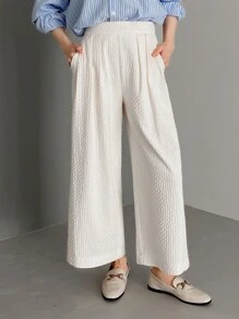 FRIFUL Women's Solid Color Pleated Loose Wide Leg Casual Long Pants With Pockets - Beige - View 1