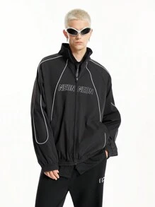 Manfinity VCAY Men's Street Style Woven Jacket With Ripped Holes, Reflective Stripes, Stand Collar, Zipper Front, Logo Ink Print, Long Sleeve, Suitable For Autumn And Winter - Black - View 4