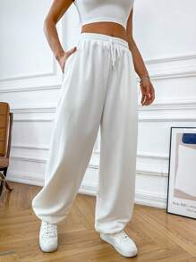 SHEIN MOOSTA Pantalones deportivos unicolor de cintura con cordón con bolsillo oblicuo