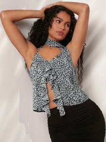 Opulessa Women's Leopard Print Ruffle Neck Halter Top For Vacation - Multicolor - View 3