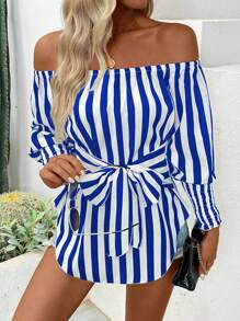 Chiquease Off-Shoulder Striped Top With Front Tie, Ruffle Hem And Lace Trim, For Casual Wear Fall Cloth For Women - Blue and White - View 3
