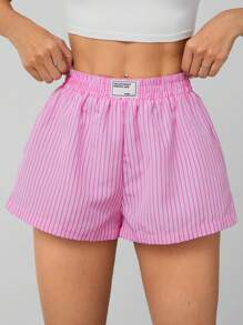 SHEIN PETITE 女士粉白條紋腰帶字母裝飾彈性腰短褲 - 粉色 - 查看 1