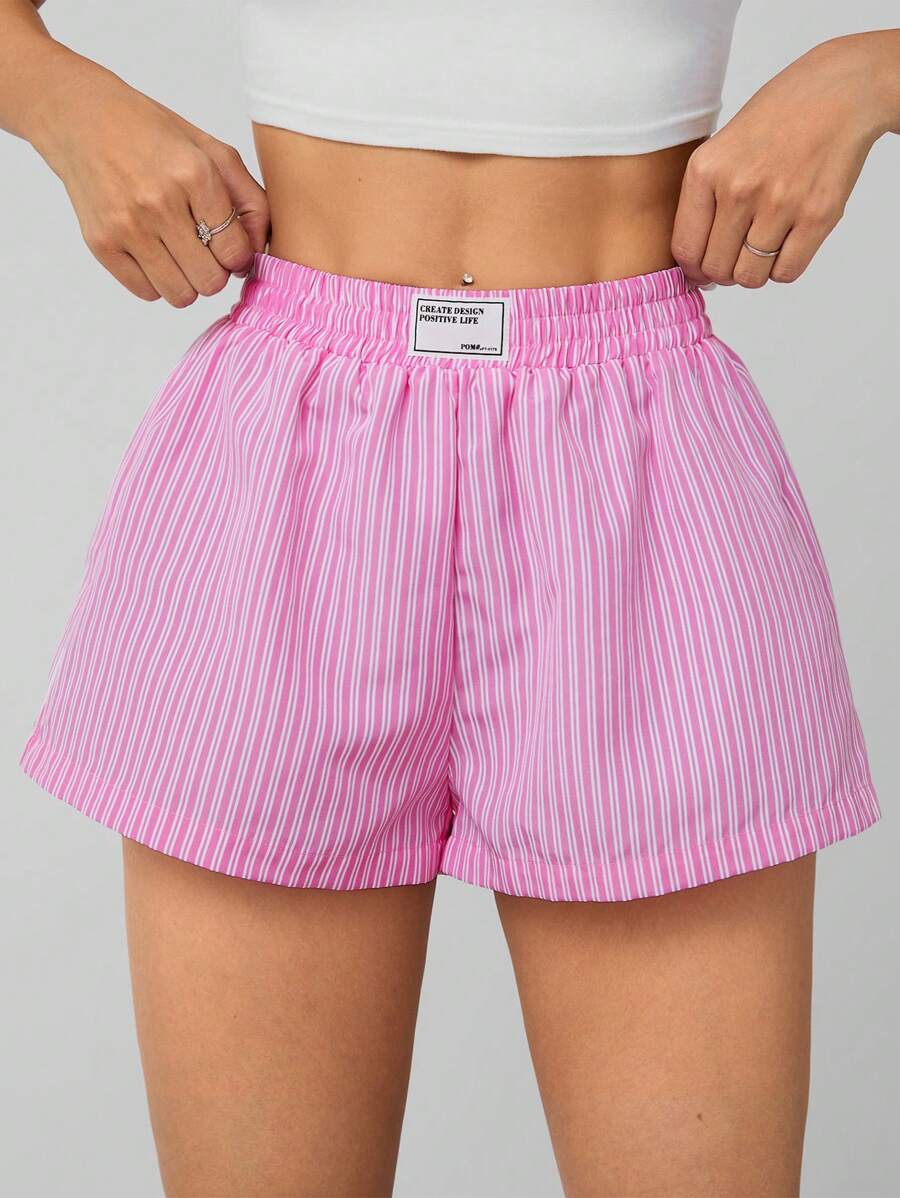 SHEIN PETITE 女士粉白條紋腰帶字母裝飾彈性腰短褲 - 粉色 - 查看 1