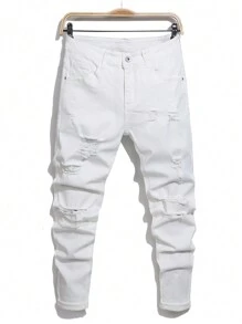 Manfinity LEGND Men's Skinny Fit Casual Jeans With Ripped Detail And Pockets - White - View 1