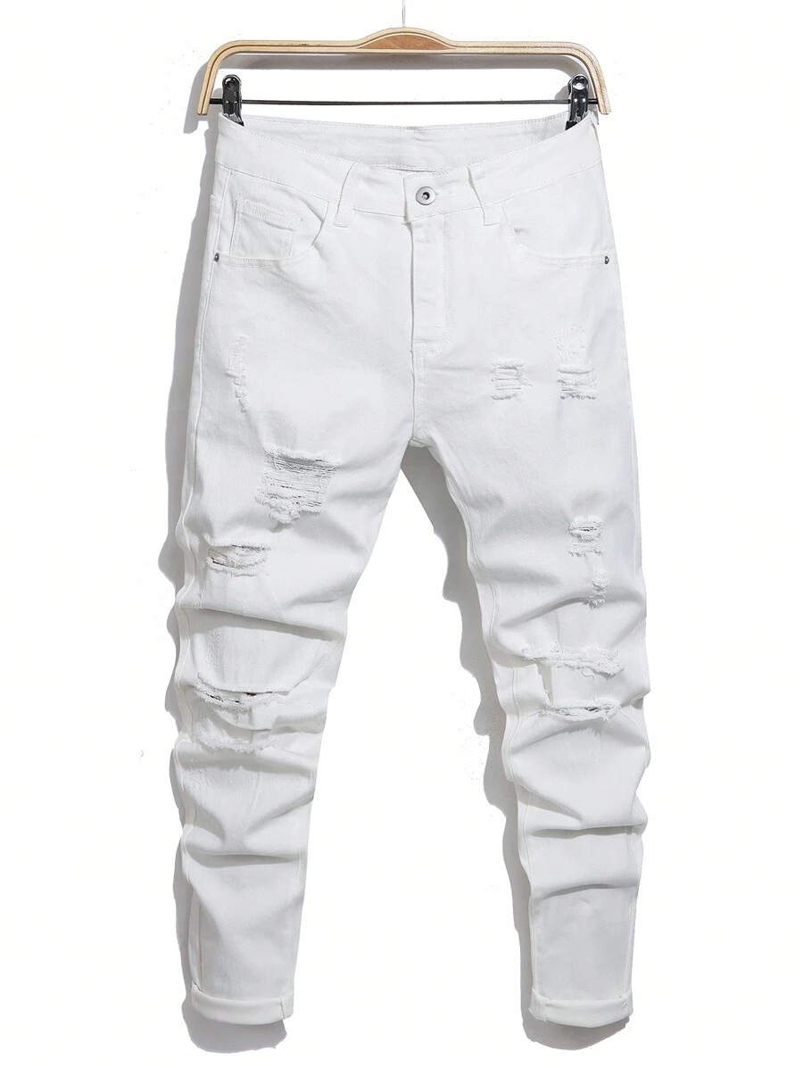 Manfinity LEGND Men's Skinny Fit Casual Jeans With Ripped Detail And Pockets - White - View 1