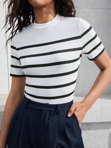 BizChic Women's Striped Mock Neck Short Sleeve Fitted T-Shirt, Elegant Fashion Business Casual Wear For Urban Commute, Suitable For Teachers, Office, School, Outings, Basic Top