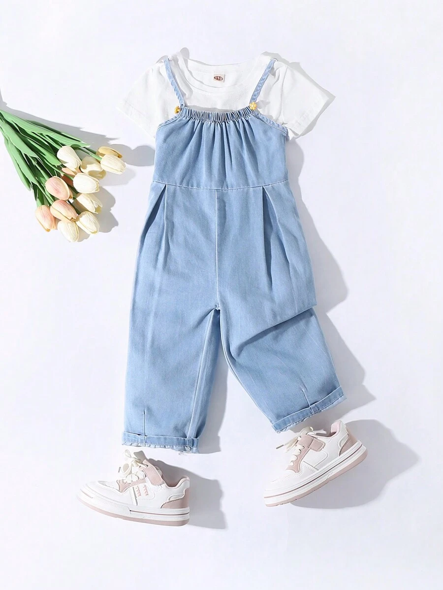 Baby Girls' Casual Cute Denim Overalls - Light Wash - View 1