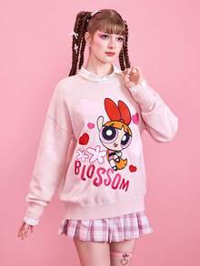The Powerpuff Girls | ROMWE Women's Cartoon & Letter Pattern Drop Shoulder Oversized Sweater