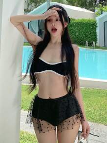 DAZY Bas de bikini transparent à cœur en maille de contraste pour femmes, parfait pour l'été et la plage