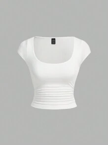 SHEIN Essnce 2 chiếc áo thun tay ngắn bó sát cạp chun đơn giản dành cho nữ - Màu xanh hải quân - Xem 3