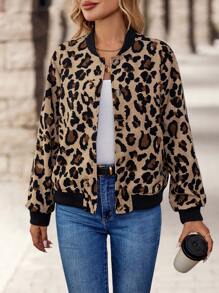 EMERY ROSE Women's Button-Up Baseball Collar Leopard Print Long Sleeve Jacket, Daily Casual Chic - Brown - View 1