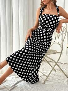 SHEIN Privé Elegante vestido de señora con lunares negros y blancos con cintura fruncida, perfecto para vacaciones, citas, trabajo y salir - Blanco y Negro - Ver 6