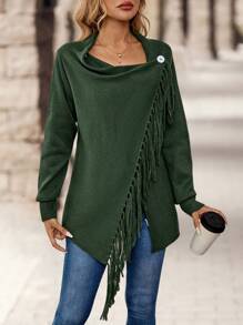EMERY ROSE Solid Color Draped Neck Fringe Decorated Long Sleeve Sweater - Army Green - View 5