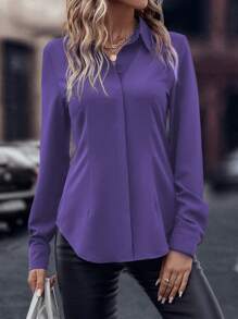 EMERY ROSE Áo Sơ Mi Dài Tay Màu Trơn Xuân Thu - Màu tím - Xem 4