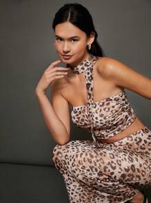 WESTFADE Leopard Mesh Cropped Tube Top
