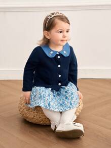 Souflis Souflis 2 件装女婴优雅百搭花卉连衣裙和针织开衫套装 - 藍色 - 查看 3