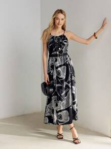 MOTF PREMIUM GRAPHIC PRINT KNOT FRONT SLIP DRESS - Multicolor - View 1