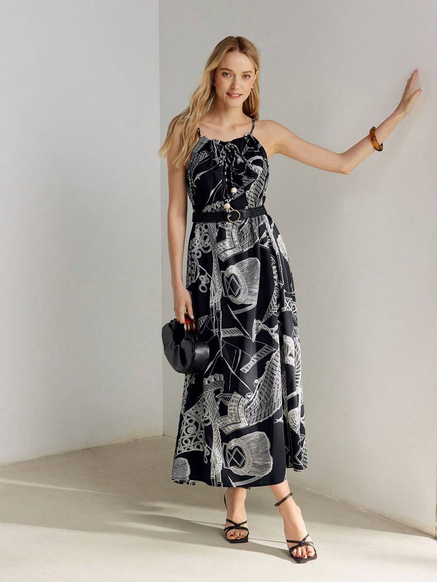 MOTF PREMIUM GRAPHIC PRINT KNOT FRONT SLIP DRESS - Multicolor - View 1