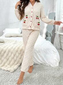Women's Cherry Decor Long Sleeve Long Pants Pajama Set - Apricot - View 6