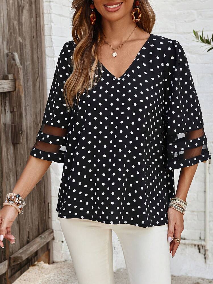 Women's Polka Dot Printed V-Neck Mesh Splice Casual Shirt Teacher Shirts