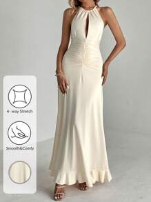 SHEIN Tall Women's Valentine's Day Bodycon Dress With Waist Ruched Detail, Ruffle Hem And Long Length, Perfect For Date Night